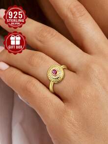 1pc 925 Sterling Silver Ring, Inlaid With Rose Red Synthetic Cubic Zirconia, Size 6-10, Suitable For Daily Wear, Comes With Gift Box - Gold - View 2