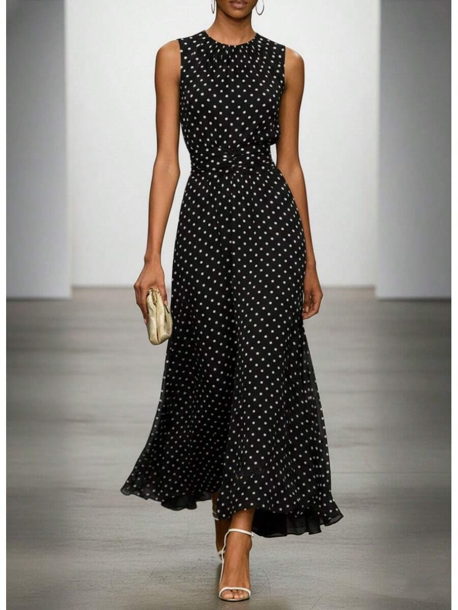 New European And American Spring Polka Dot Sleeveless Dress Women French Style Waist Cinching Elegant Long Slimming A-Line Dress - 黑色 - 查看 1