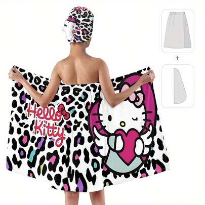 2pcs Fashionable Leopard Print Kitty Cat Pattern Bathrobe With Buttons And Hair Towel Set, Wearable Wrap, Absorbent, Quick-Dry, Super Soft 100% Polyester, Suitable For Spa, Bathroom Use, After Shower