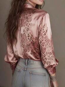 Blusa de satén con estampado de rosa naranja-turquesa clásico para mujer, diseño con cuello, elegante para el uso diario, salidas y talla grande - Rosa Pálido - Ver 3