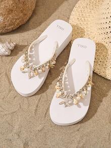 OXLL Women's Wedge Sandals, Bohemian Style Beach Platform Slides, Natural Seashell Handmade Rhinestone Decor, Summer - White - View 6