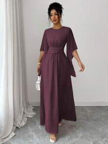 Vestido midi asimétrico con cintura elástica, cuello redondo, hebilla metálica en la cintura y falda acampanada, en color rosa sólido, para mujer, ideal para primavera/verano, ocasiones casuales, de vacaciones, tardes de té, San Valentín, bodas y fiestas, con estilo romántico francés y elegante de Sicilia - Granada - Ver 5