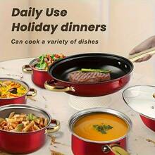 12PCS Red Induction Non Stick Stainless Steel Cookware Cooking Pot Pan With Lids Set - View 6
