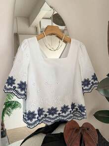 2026 Blusa casual de vacaciones con bordado floral y lazo en la espalda, blusa con bordado floral calada y lazo en la espalda de estilo francés, blusa de verano con mangas cortas, bordado en contraste y acabado, top azul y blanco, top de vacaciones, top bohemio, blusas elegantes para mujer, tops para damas de honor, top de fiesta - Azul y blanco - Ver 8