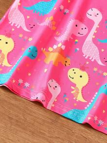Girls Cute Kitty Print Casual A-Line Dress With Ruffle Sleeves, Summer Holiday & Daily Wear - Hot Pink - View 4