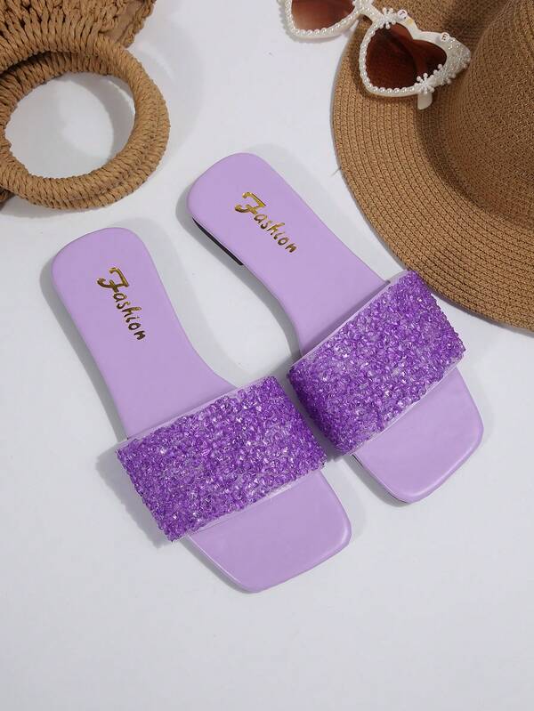 1 Pair Plus Size AB Color Gray, Rhinestone Embellished Slippers. Elegant And Fashionable With Rhinestones, Solid Color Chic And Elegant For Party, New Luxury Non-Slip Outdoor Holiday Beach Comfortable Versatile Rhinestone Pearl Flat Open Toe Indoor Outdoor 41-43 Daily Wear Women's Plus Size Slides