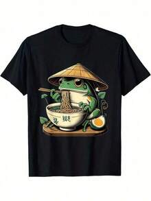 Kawaii Frog Eating Ramen T-Shirt – Cute Neko Graphic Tee, Japanese Noodles, Anime For Men, Black Cotton Shirt - 黑色 - 查看 1