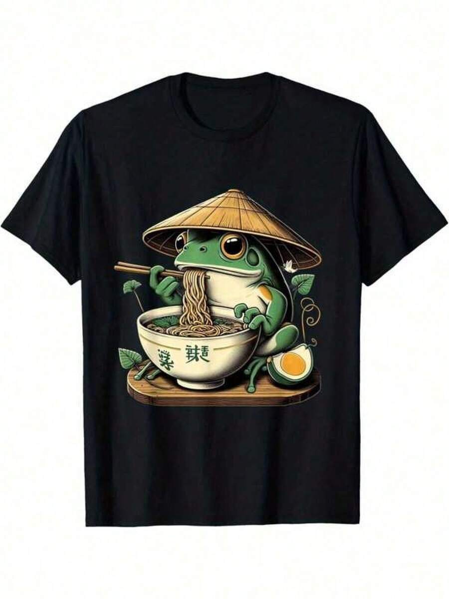 Kawaii Frog Eating Ramen T-Shirt – Cute Neko Graphic Tee, Japanese Noodles, Anime For Men, Black Cotton Shirt - 黑色 - 查看 1
