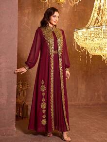 Đầm chiffon dài tay đính sequin và thắt lưng SUPGIR dành cho nữ. - Màu Đỏ Sâu - Xem 2