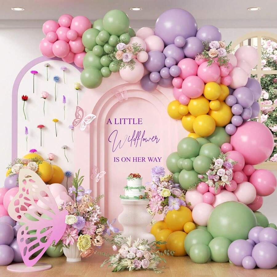 This 130-Piece Wildflower Balloon Arch Wreath Set Includes Latex Balloons In Purple, Dusty Rose, Sage Green, Light Pink, And Mustard Yellow, Perfect For A "Blooming Flowers" Themed Babyshower, Birthday Party, Baptism Party, Wedding, Anniversary Celebration, And Bachelor/Bachelorette Party Decoration. - View 1
