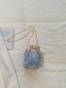 1pc Light Blue Denim Mini Bucket Bag, With Faux Pearl Handle & Gold-Tone Chain Strap, Drawstring Closure, Romantic Style, Small Crossbody Purse For Women - Blue - View 6