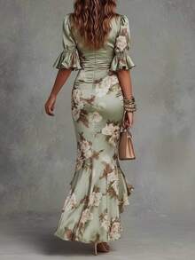Vestido largo estampado cuello V ajustado con volantes elegante - Verde - Ver 5