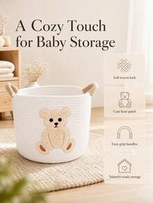 1pc Cute Bear Embroidered Pattern Baby Room Storage Basket With Handle, Nursery Room Storage Basket, Diaper & Bottle Storage Organizer, Multi-Function Storage Basket - Multicolor - View 3