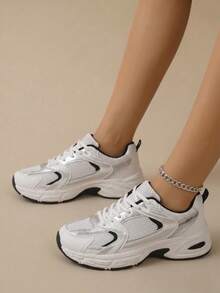 American Retro Contrast Color Running Shoes, Mesh Breathable, Thick Bottom Cushioning, Campus, Street, Daily Wear Template, Running Shoes To Grasp The Relaxation Feeling, 5cm High Casual Shoes - 黑色 - 查看 2