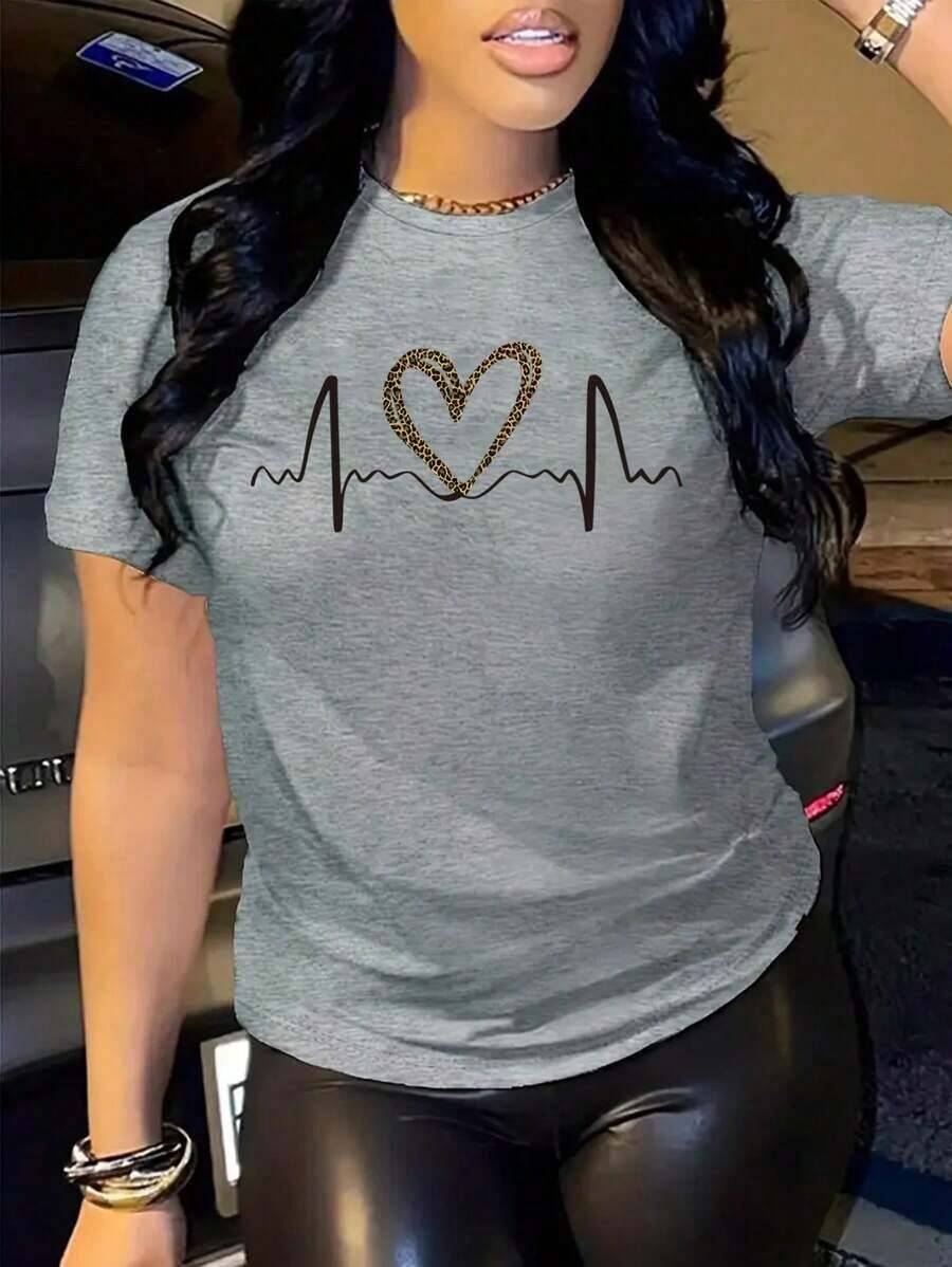 Camiseta de manga corta casual de verano para mujeres con estampado de leopardo con corazones y cuello redondo - Gris - Ver 1
