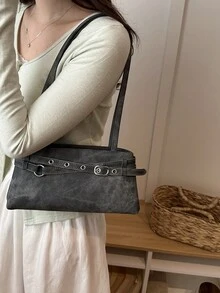 Fashionable New Solid Color Commuter Practical Shoulder Underarm Bag, Classic Multi-Purpose Metal Buckle Decor Women's Handbag, Suitable For Shopping, Wallet, Shopping, Young Women, College Students, Newcomers, White-Collar Workers. Perfect For Office, School, Work, Business, Commuting, Outdoor Activities, Travel, Outings And Other Occasions. - Black - View 5