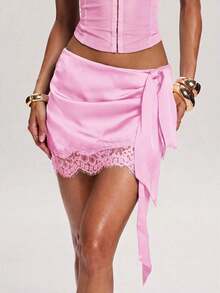 Minifalda elegante de mujer con parches de encaje y cintura con lazo, para verano - Rosa Pálido - Ver 12