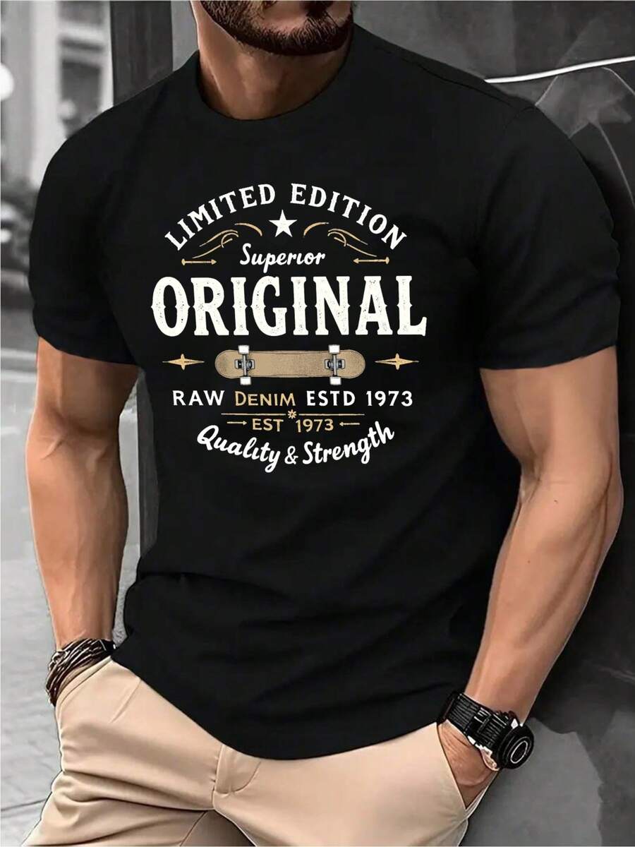 100% Baumwolle Herren T-Shirt, micro-elastisch, kurzärmlig, 180g atmungsaktiv, Rundhalsausschnitt, Grafik-T-Shirt, Casual, Sport, Streetwear, Sommer - Schwarz - Übersicht 1