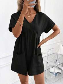 Clasi Mono informal con cuello en V, estampado floral verde y pliegues para mujer - Negro - Ver 6
