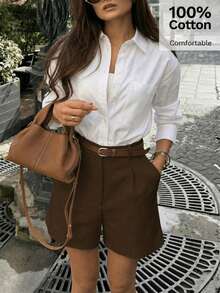 Women's Long Sleeve Shirt, Button-Down Style With Pockets, Classic Design White - White - View 2