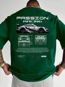 Men's T-Shirt With Racing Letter Print, Round Neck, Short Sleeve For Summer Outdoor Sports. - 藍色 - 查看 8