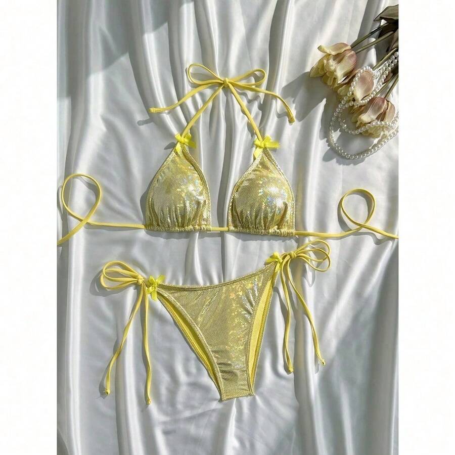 Shiny Pink Micro Bikini Set Mujer Women Sexy Push Up Thong Swimsuit Summer Bathing Suit Bandage Holiday Swimwear Women Biquine - 是的 - 查看 1
