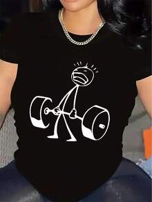 Printed-Shirt Women - Casual Short Sleeve Round Neck-Shirt In Black With Minimalist Weightlifting Graphic. With A Relaxed Fit All Seasons, It Is Choice Both Daily Wear And Your Vacation Outfits (Washable). - 黑色 - 查看 1