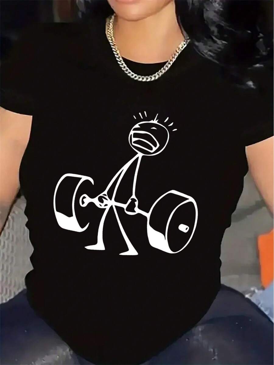 Printed-Shirt Women - Casual Short Sleeve Round Neck-Shirt In Black With Minimalist Weightlifting Graphic. With A Relaxed Fit All Seasons, It Is Choice Both Daily Wear And Your Vacation Outfits (Washable). - 黑色 - 查看 1