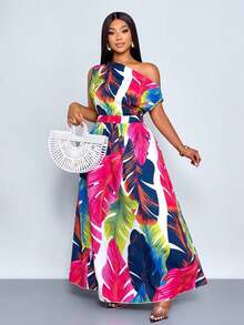 Modelo femenino de talla grande para primavera y verano, elegante, casual, de uso diario, con hombros oblicuos, mangas cortas, falda larga, para viajes, vacaciones, citas y paseos por la playa - Rosa Fucsia - Ver 9