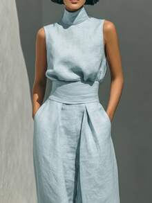 Women's Linen Sleeveless Turtleneck Jumpsuit, High Waisted Wide Leg Pants Jumpsuit With Pockets, Elegant Casual Summer Romper For Work & Vacation - 天藍色 - 查看 2