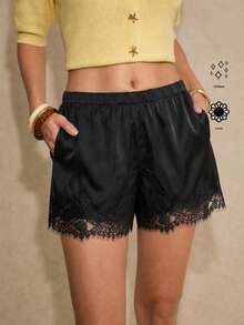 Women's Plus Size Black Satin Lace Trim Shorts, 2-In-1 Wearable Or Anti-Exposure Undershorts, Home Sleep Shorts Summer - Black - View 3