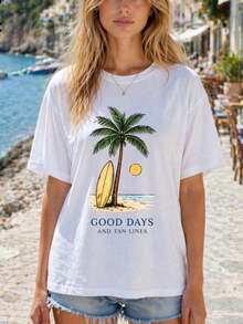 Camiseta de manga corta con cuello redondo y estampado floral "Paris Lover" para mujer, 2026, corte holgado, estilo parisino, romántico, ideal para paseos por la ciudad, citas, temporada de cerezos en flor, brunch o primavera/verano. - Kokosnötsträd Vit - Visa 8