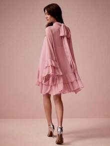 Vestido línea A de unicolor elegante con mangas volantes para mujeres - Rosa - Ver 2