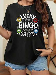 Women's 'Lucky Bingo' Graphic T-Shirt, Casual Cotton T-Shirt For Curvy Women, Black With Colorful Print, Relaxed Fit, Perfect For Summer, Ladies' T-Shirts - 黑色 - 查看 1