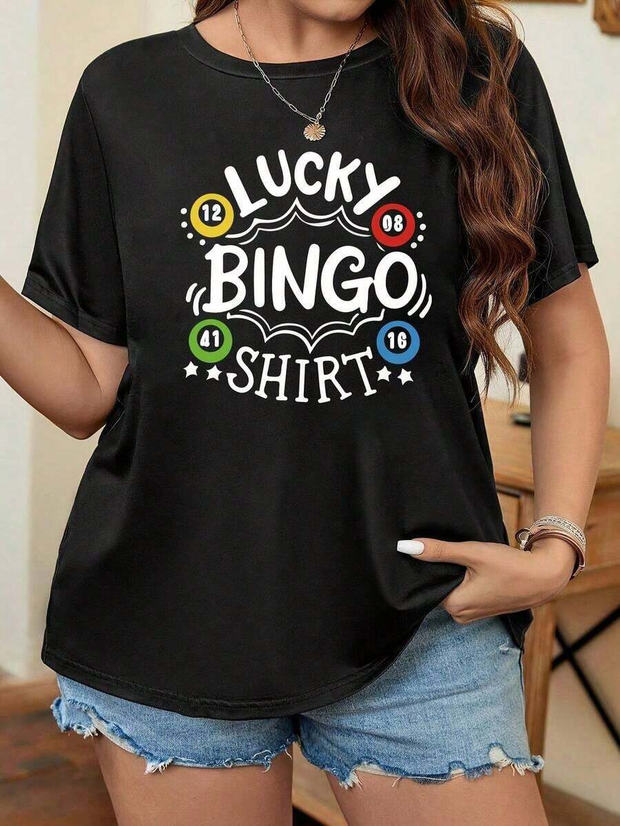 Women's 'Lucky Bingo' Graphic T-Shirt, Casual Cotton T-Shirt For Curvy Women, Black With Colorful Print, Relaxed Fit, Perfect For Summer, Ladies' T-Shirts - 黑色 - 查看 1