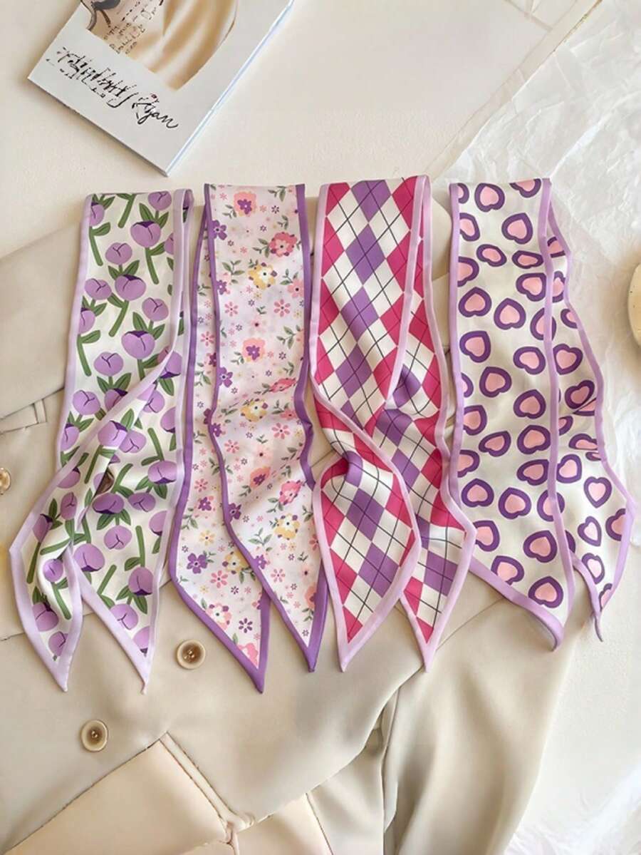4件組女款時尚優雅紫色調愛心與鬱金香花卉、千鳥格印花圍巾髮帶,緞帶髮飾,適合日常、春夏、海邊度假 - 彩色 - 查看 1