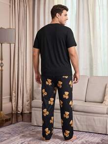 Men's Plus Size Pajama Set, Bear Print T-Shirt With Black All-Over Bear Print Pajama Pants, 2-Piece Set, Fun Design, Suitable For Home Leisure - Black - View 3