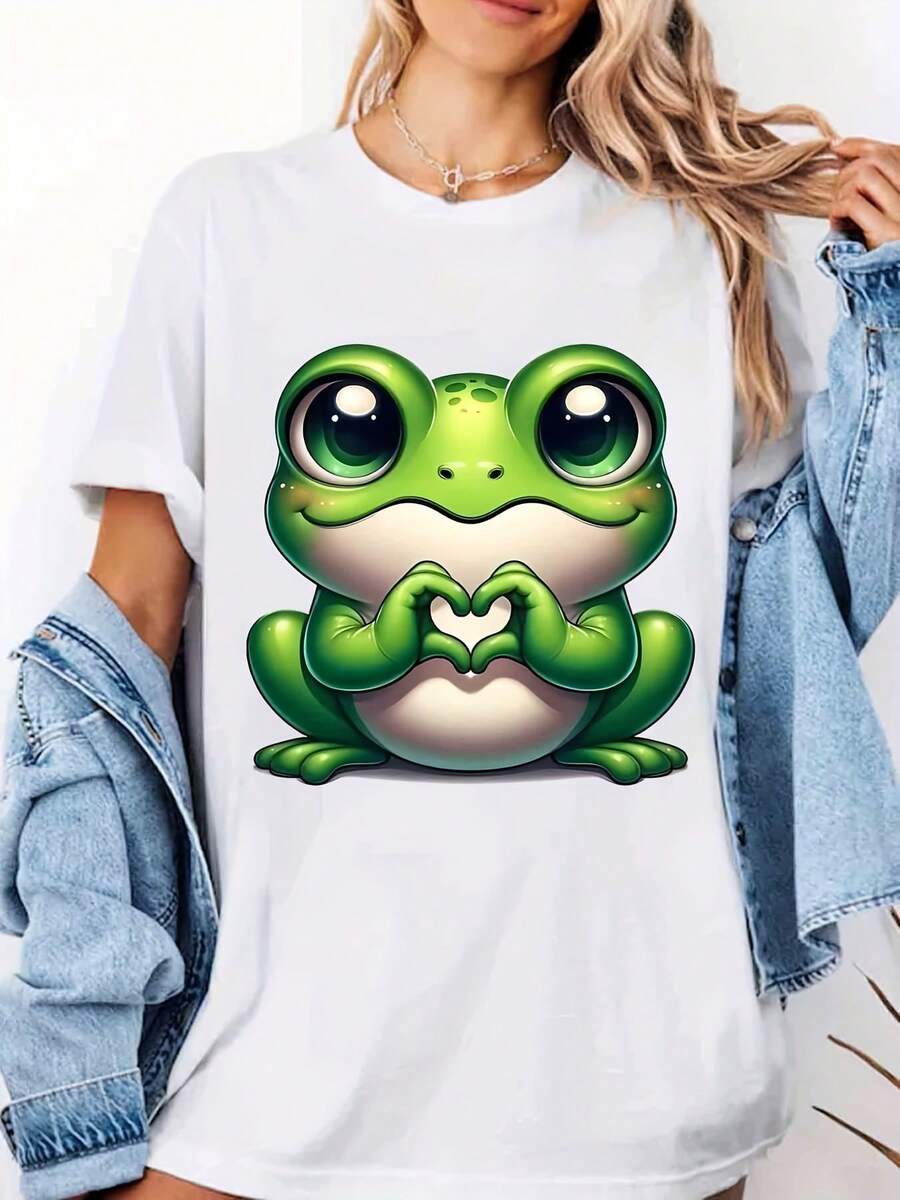 Women's Summer T-Shirt With Frog Print And Round Neck - Elegant Casual Short Sleeve Blouse For Beach Vacation And Spring Tops, Machine Washable Loose Fit T-Shirts, Women's Clothing - [白色的] - 查看 1