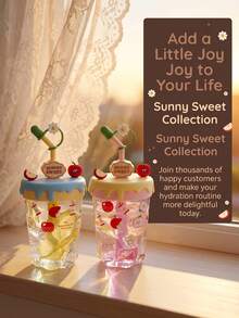 Gelas Kaca Warna Krem dengan Motif Apel Lucu, Dilengkapi Sedotan Dekoratif dan Tutup Silikon, Gelas Air Sedotan Kapasitas Besar yang Cantik dan Lembut, Cocok untuk Kopi Dingin, Teh Buah, Sempurna untuk Penggunaan di Rumah dan Kantor - MultiWarna - View 2
