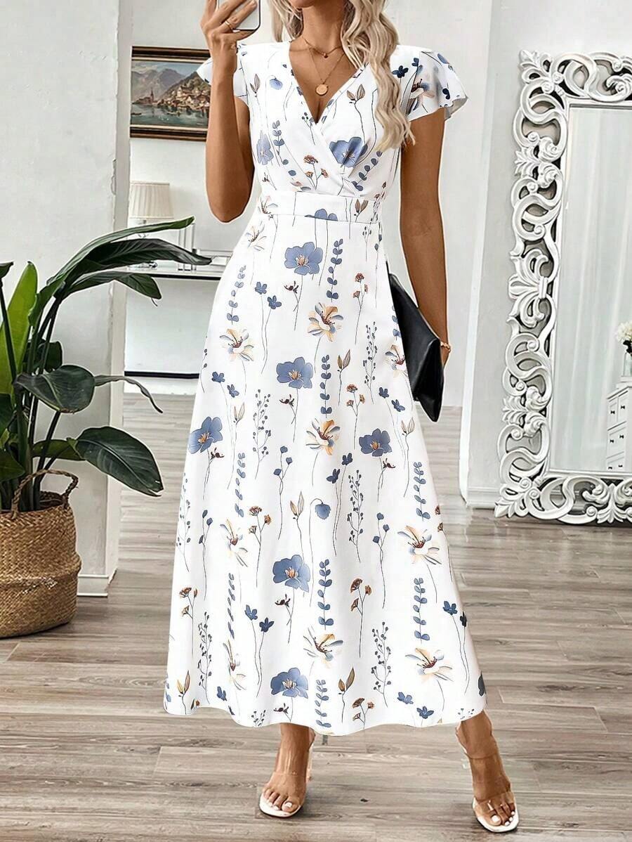 Vestido largo de verano de mujer con cuello en V y estampado floral de hojas, vestido entallado en la cintura con línea A - Multicolor 2 - Ver 1