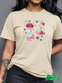 New 2026 Collection: Cotton T-Shirt With Anime Letter Print, Women's Round Neck T-Shirt With Simple Design, Comfortable, Soft And Breathable, Suitable For Casual Daily Wear, Showing A Natural And Refreshing Style, A Must-Have For Parties, Local Shipping, Strawberry Design With Green Strawberry Leaves, Lightweight Cotton. - 黑色 - 查看 10
