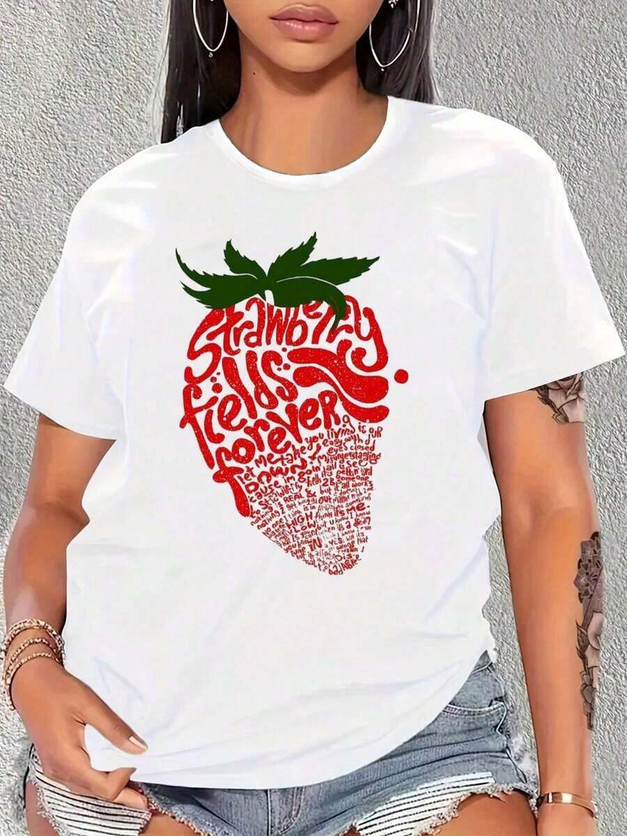 Black "Strawberry Fields Forever" T-Shirt With Strawberry Design And Lettering Art For Music Lovers And Beatles Fans. Casual Wear For Women, Men, And Unisex. Fashionable Top. New Summer Arrivals: 100% Cotton Crew Neck T-Shirts. - 白色 - 查看 1