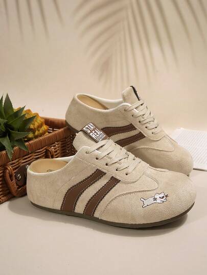 Zapatillas tipo mula con bordado de gato lindo y estilo estético, zapatos casuales de mujer de estilo retro con textura de ante, sin talón y de slip-on, con cordones ajustables y de suela baja para caminar