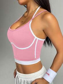 Women's High Elasticity Nylon Sports Vest - Breathable Contrast Color Fitness Top, Seamless Splicing Design, Suitable For Yoga, Pilates, Daily Fitness - Shaping Style And Beautiful Back Support, Simple Style, Comfortable Fit, Pressure-Free Support - 粉色 - 查看 4