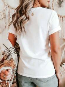 Women's Short Sleeve Round Neck Blouse - Ladybug Print (Compatible With Ladybug) - High Elasticity Fabric For Spring-Summer-Autumn - Casual And Semi-Formal Wear - Solid Color Base With Insect Print - Machine Washable - Y2K Style And Mature Style - White - View 2