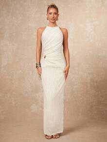 xheLumalex Vestido ajustado con cuello redondo, fruncido y decoración metálica cruzada para mujeresxhe - Albaricoque 2 - Ver 3