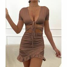 Vestido sexy escote profundo con calados y volantes, ajustado, bestseller femenino - Café - Ver 7