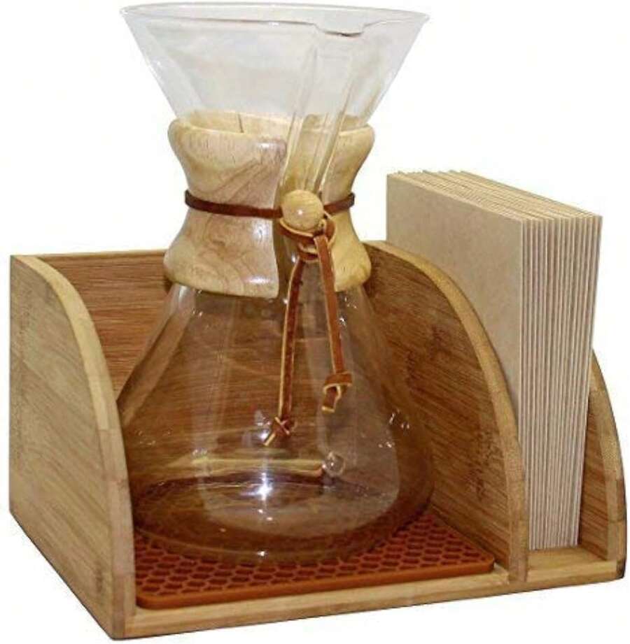 Caddy For Pour Over Coffee Maker, Bamboo Stand Fits Chemex, , Cosori, HexNub Coffee Carafes, Heatproof Mat, Filter Holder - White - View 1