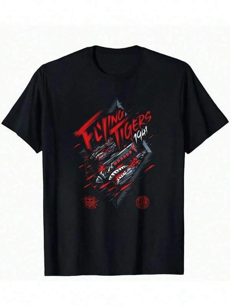 Flying Tigers Racing Car Graphic T-Shirt For Men - Bold Motor Design Tee, 240gsm Cotton Shirt For Motorsport Fans, Casual Wear For Daily And Racing Events, Comfortable Fit Tee, Dynamic Tiger Motif, High Elasticity Cotton - Hitam - View 1