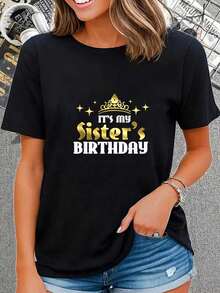 Casual Summer T-Shirt With Sister Print For Party, Birthday Gift, Round Neck, Short Sleeve, 100%, 220G Thick - 黑色 - 查看 1